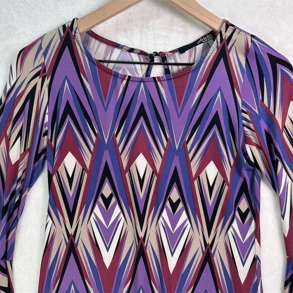 ARIELLA‎ Retro Lace Up Bell Sleeve Purple Geometric Bohemian 1970s Midi Dress S - Picture 6 of 13